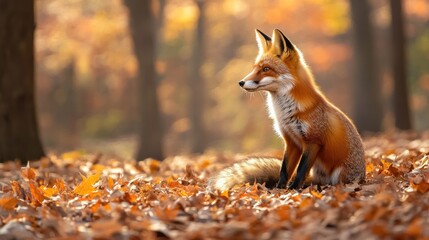 A fox sitting gracefully among autumn leaves in a serene forest setting.