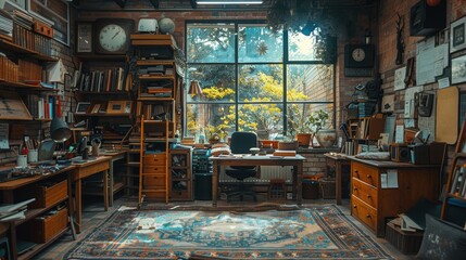 Wall Mural - A cozy, eclectic home office space with a large window allowing in natural light, featuring bookshelves, various office supplies, and a vintage desk surrounded by a mix of old and new decor