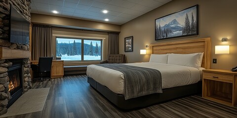 Cozy hotel room with modern amenities featuring a large comfortable bed, a scenic window view of snowy mountains, and a warm stone fireplace for a relaxing stay