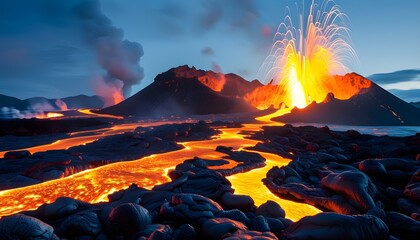 Surreal Time-Lapse of Volcanic Eruption Showcasing Radiant Lava Flows Illuminating the Night Sky