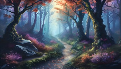 Wall Mural - Magical Pathway Through an Enchanted Forest in a Mystical Landscape