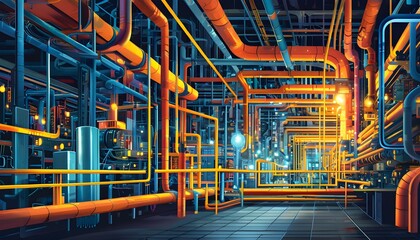 Dynamic industrial landscape with complex piping and radiant machinery highlighting contemporary engineering and technological innovation