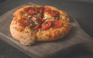 Lush pizza cooked in the oven with two types of cheese and tomatoes