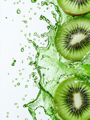 Wall Mural - Fresh kiwi slices splashing into vibrant green liquid create lively scene