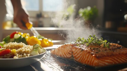 A photorealistic close-up of a person grilling salmon with herbs, while prepping a side of quinoa and veggies in a well-lit, clean kitchen, showcasing healthy meal creation