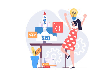 Poster - SEO optimization concept in modern flat design for web. Woman developing startup site project, analyzing and improving internet page traffic, making engine search settings. Illustration.