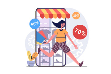 Aufkleber - Shopping concept in modern flat design for web. Woman doing bargain purchases in clothes online stores, buying products with best prices in mobile phone application with delivery. Illustration.