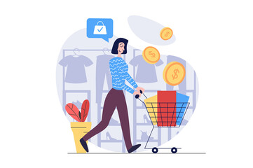 Aufkleber - Shopping concept in modern flat design for web. Woman with supermarket cart doing bargain purchases at boutique showrooms and clothes stores, buying products with best prices. Illustration.