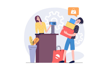 Shopping concept in modern flat design for web. Man with packages doing bargain purchases in store, buying products with best prices and making payment at checkout counter. Illustration.