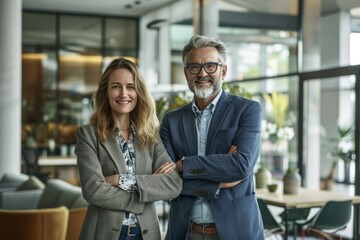 Portrait of a business man and woman smiling in modern office, standing together.