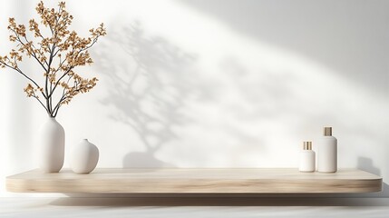 Canvas Print - Minimalist wooden shelf with white vase, dried flowers, and bottles against a white wall with sunlight.