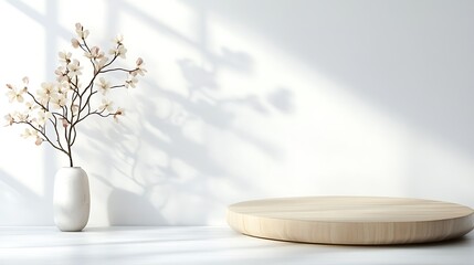 Poster - A white vase with blossoming branches and a round wooden platform on a white background with light and shadow.