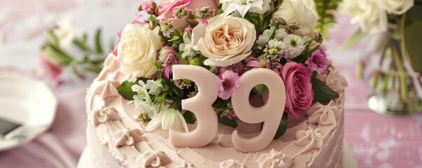 Elegant floral birthday cake with the number 39 in soft pink, topped with fresh flowers.