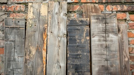 Poster - Weathered Wood Planks Against Brick Wall