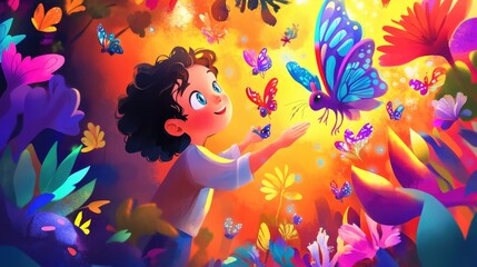 Author working with AI-powered software to create vivid, dynamic illustrations for a children's book, with colorful characters emerging on a digital canvas