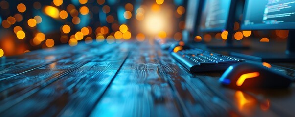 Wall Mural - a vibrant, illuminated workspace with a wooden desk surface, featuring a gaming keyboard and mouse, 
