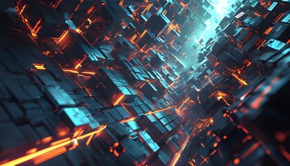 Wall Mural - Futuristic glowing tunnel adorned with cascading cubes in an abstract digital landscape