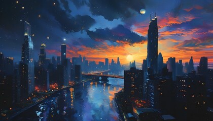 Sticker - Celestial Wonders: Twilight Cityscape with Ethereal Bioluminescent Landscapes and Hyper-Realistic Chiaroscuro Lighting