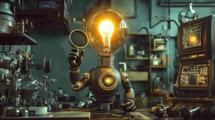 3D cartoon image of a robot with a lightbulb head, holding a magnifying glass, standing in a futuristic lab filled with gadgets, symbolizing science and innovation