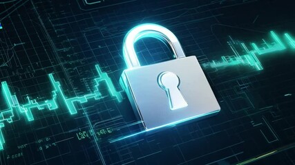 Poster - A sleek silver padlock featuring a keyhole is prominently displayed against a backdrop of glowing digital circuits and data patterns, emphasizing cybersecurity themes.