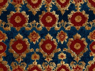 Ornate Chinese brocade pattern with gold and red design and a blue centerpiece.