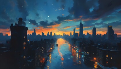 Sticker - Celestial Wonders: Twilight Cityscape with Ethereal Bioluminescent Landscapes and Hyper-Realistic Chiaroscuro Lighting