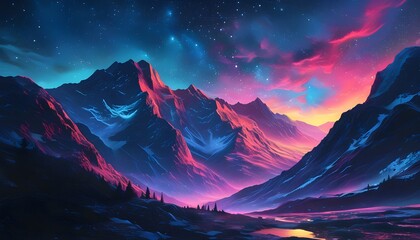 Wall Mural - Dreamlike Neon Peaks Beneath a Star-Filled Night Sky