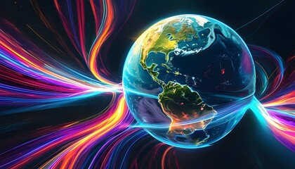 Wall Mural - Vibrant energy streaks enveloping a glowing Earth in a mesmerizing abstract digital art composition