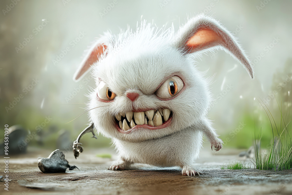 Exaggerated Rabbit An animated white rabbit with an angry expression, showcasing ...