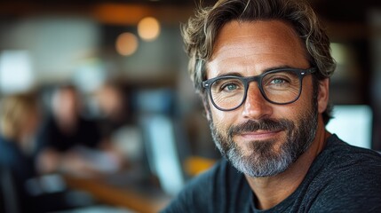 A confident and friendly middle-aged man with glasses and a beard, smiling warmly while seated in a modern office environment, reflecting a professional yet approachable demeanor