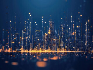 Wall Mural - glowing particle cityscape on dark blue background