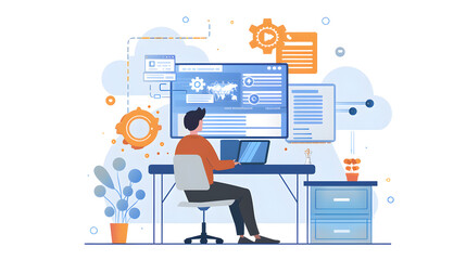 Full-stack developer working on cloud integration, coding in the background, modern software development process.