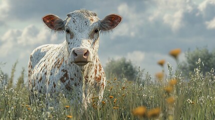 Wall Mural - Close-Up Portrait of a Spotted Cow in a Field of Wildflowers