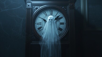 A haunting clock featuring a ghostly figure shrouded in mist, evoking an eerie atmosphere perfect for Halloween themes.