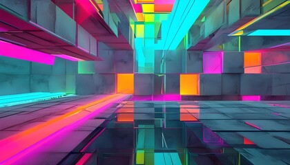 Vibrant abstract digital artwork featuring a glowing geometric structure with intricate patterns and vivid colors