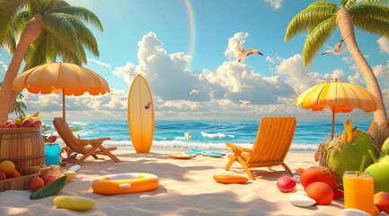 Idyllic Tropical Beach Scene with Palm Trees Umbrellas and Refreshing Drinks