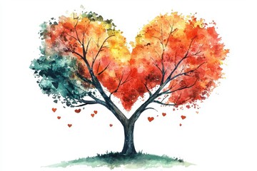 A vibrant watercolor painting of a heart-shaped tree, symbolizing love and nature's beauty in autumn colors.