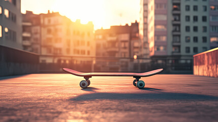 A skateboard on a concrete skatepark surface. the urban setting on the background. close up image. Skatepark. Illustration