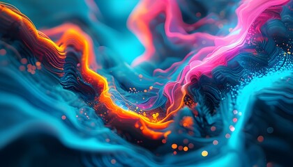 Vibrant Abstract Digital Art with Swirling Textures and Glowing Particles in Blue, Pink, and Orange Hues for Tech-Inspired Backgrounds