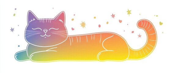 Wall Mural - Line art illustration featuring a rainbow gradient depicting a cheerful cartoon cat