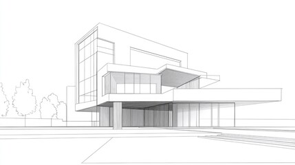 Poster - Line art illustration featuring a contemporary architectural structure with a minimalist design backdrop