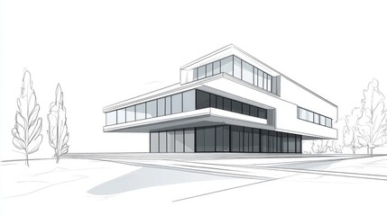 Poster - Line art illustration depicting a modern architectural building concept design