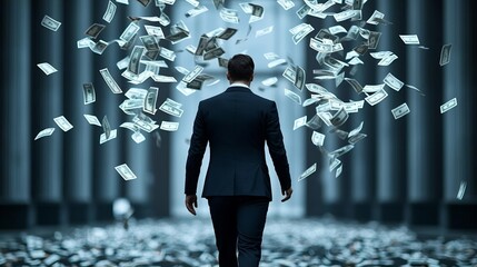 Back view of a businessman walking through a dystopian scene, money flying around, representing financial crisis