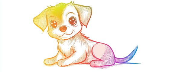 Wall Mural - Line art illustration featuring a rainbow gradient drawing of an adorable cartoon dog