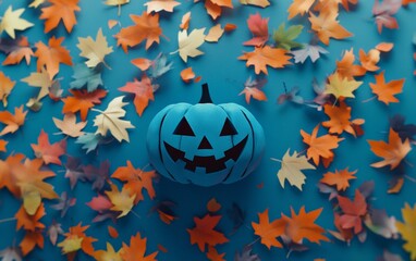 Wall Mural - Jack-o'-lantern on blue background with scattered autumn leaves, showcasing a minimalist Halloween decoration