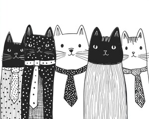 Sticker - Whimsical black and white line art illustration featuring playful cats adorned with ties showcasing a hand drawn artistic style