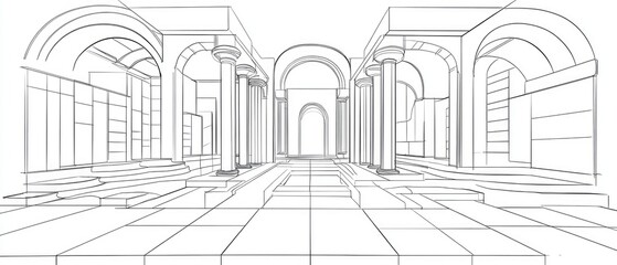 Line art depiction of architectural design in a three dimensional style