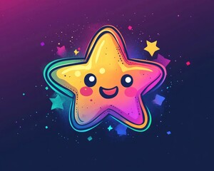 Wall Mural - Line art illustration of a whimsical cartoon star with a cool gradient design