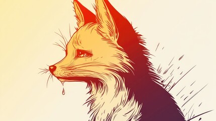 Wall Mural - Line art illustration featuring a warm gradient drawing of a cartoon fox with tears