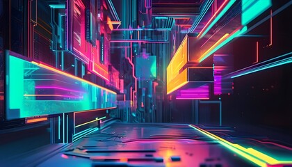 Futuristic neon-lit abstract digital art featuring a glowing geometric shape above a circuit board